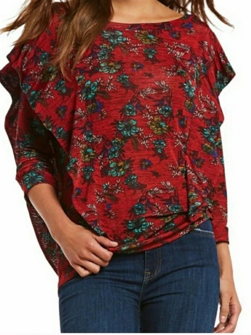 Free People Dock Street Floral Ruffle Blouse in Red Combo.  XS. NWT!